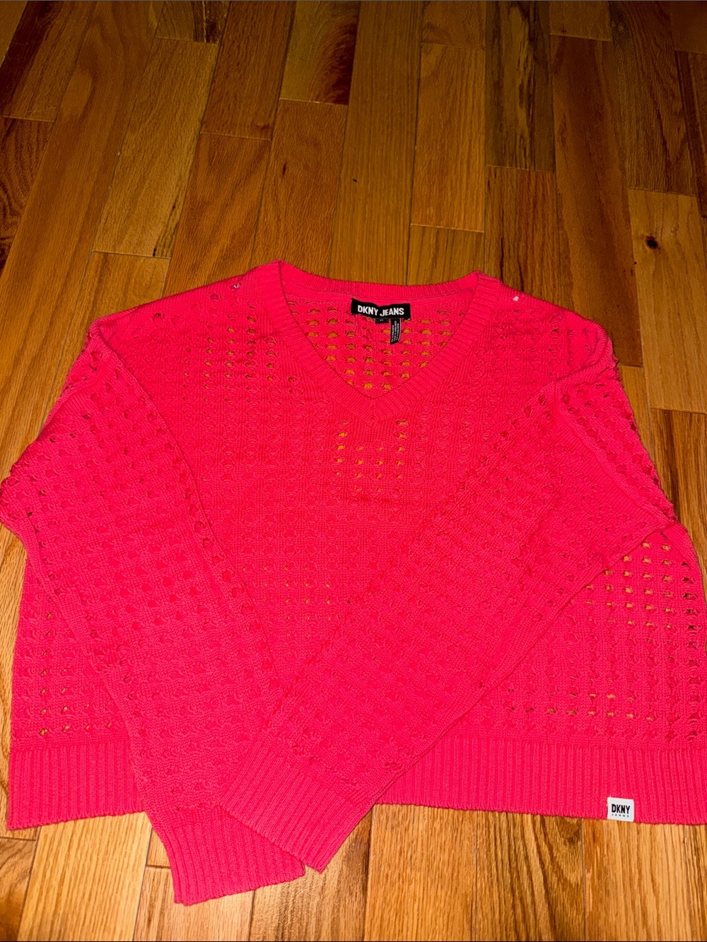 Dkny Women's Bright Pink Open-Knit V-Neck Sweater Size XS